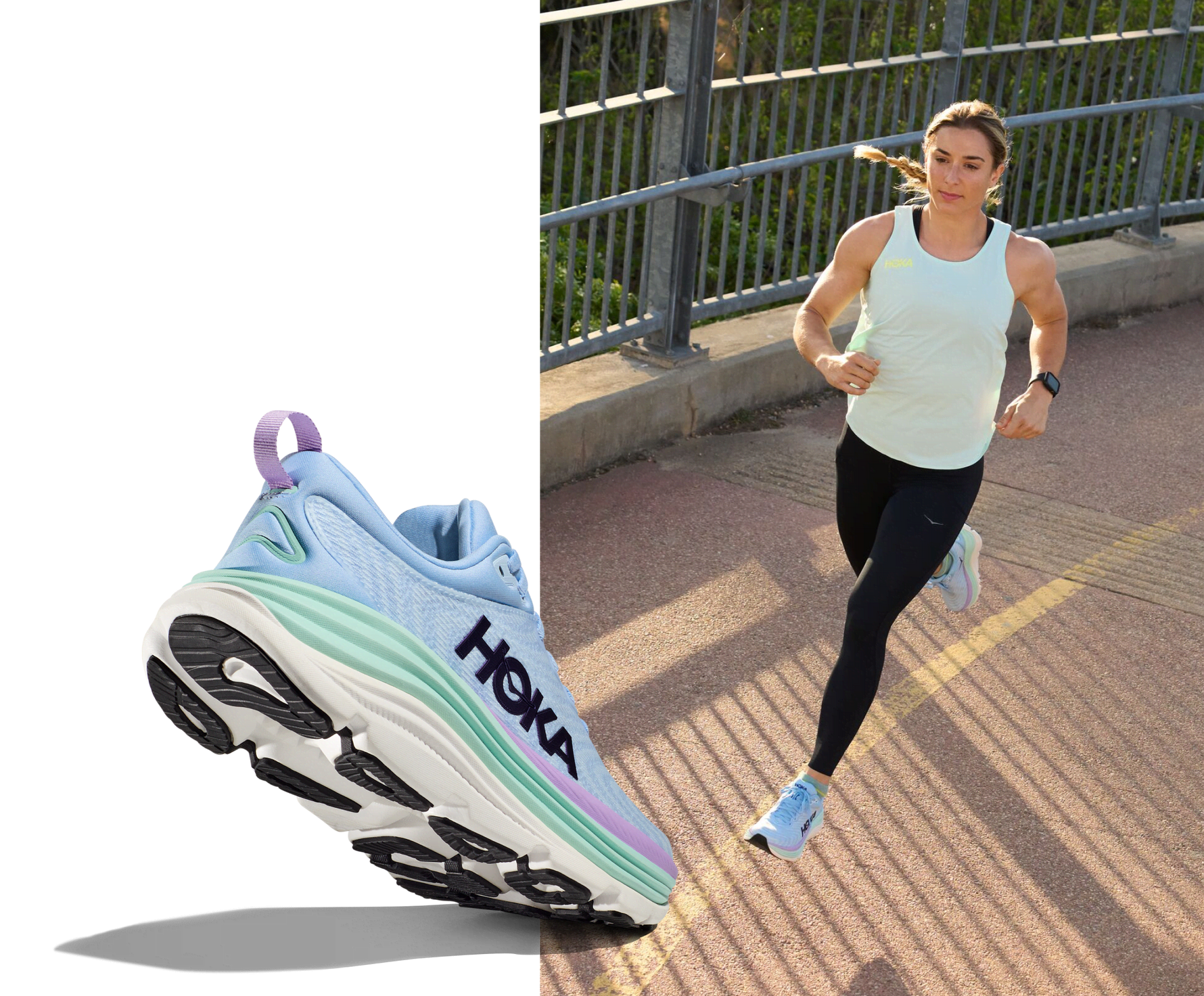 Woman running in HOKA Gaviota 5 shoes with close-up of teal sneaker