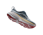 Hoka Bondi 8 men's running shoe in blue-gray with yellow stripe and red outsole