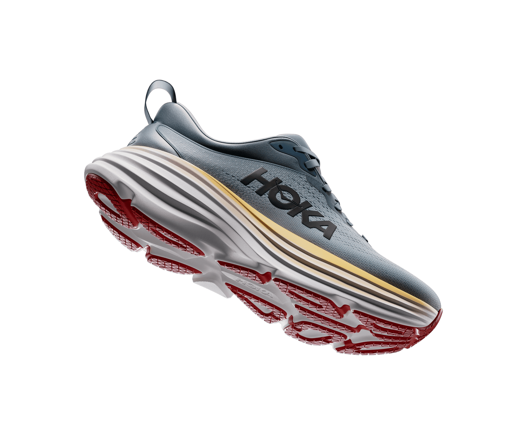 Hoka Bondi 8 running shoe in anthracite grey with red outsole