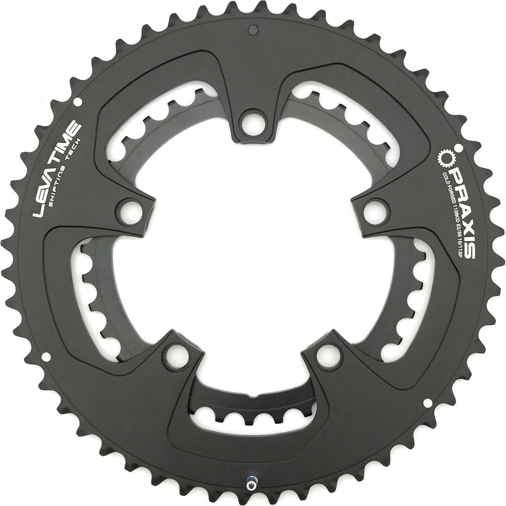 Praxis Works black chainring set with 5-bolt pattern and teeth around perimeter