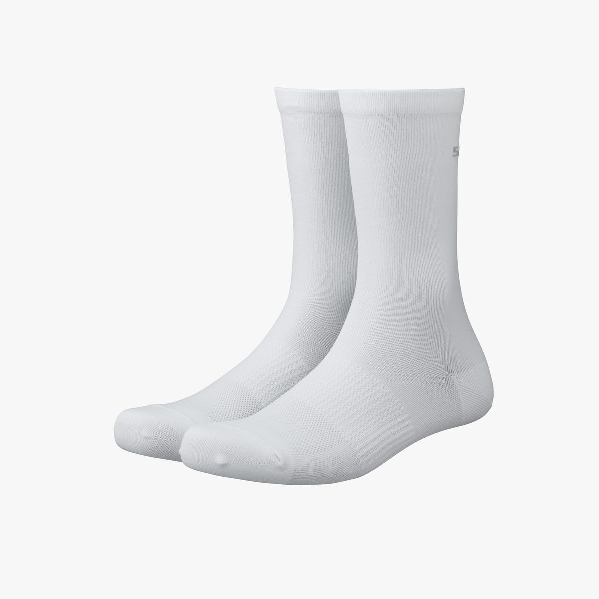 Pair of Shimano Performance white cycling socks shown together on white background