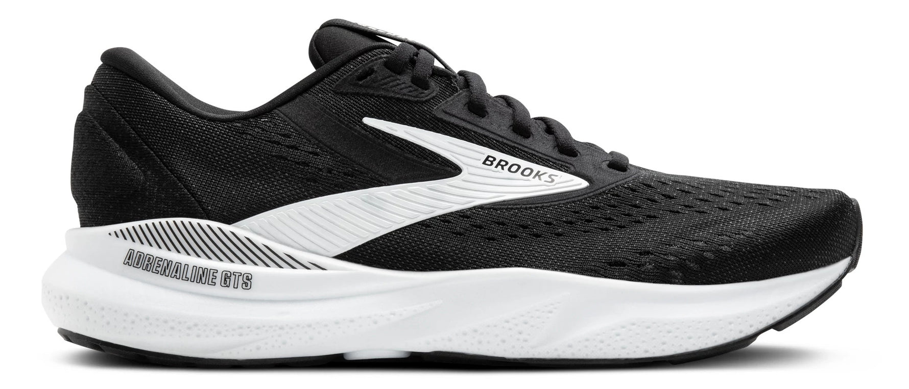 Brooks Adrenaline GTS 24 running shoe in black with white logo and midsole