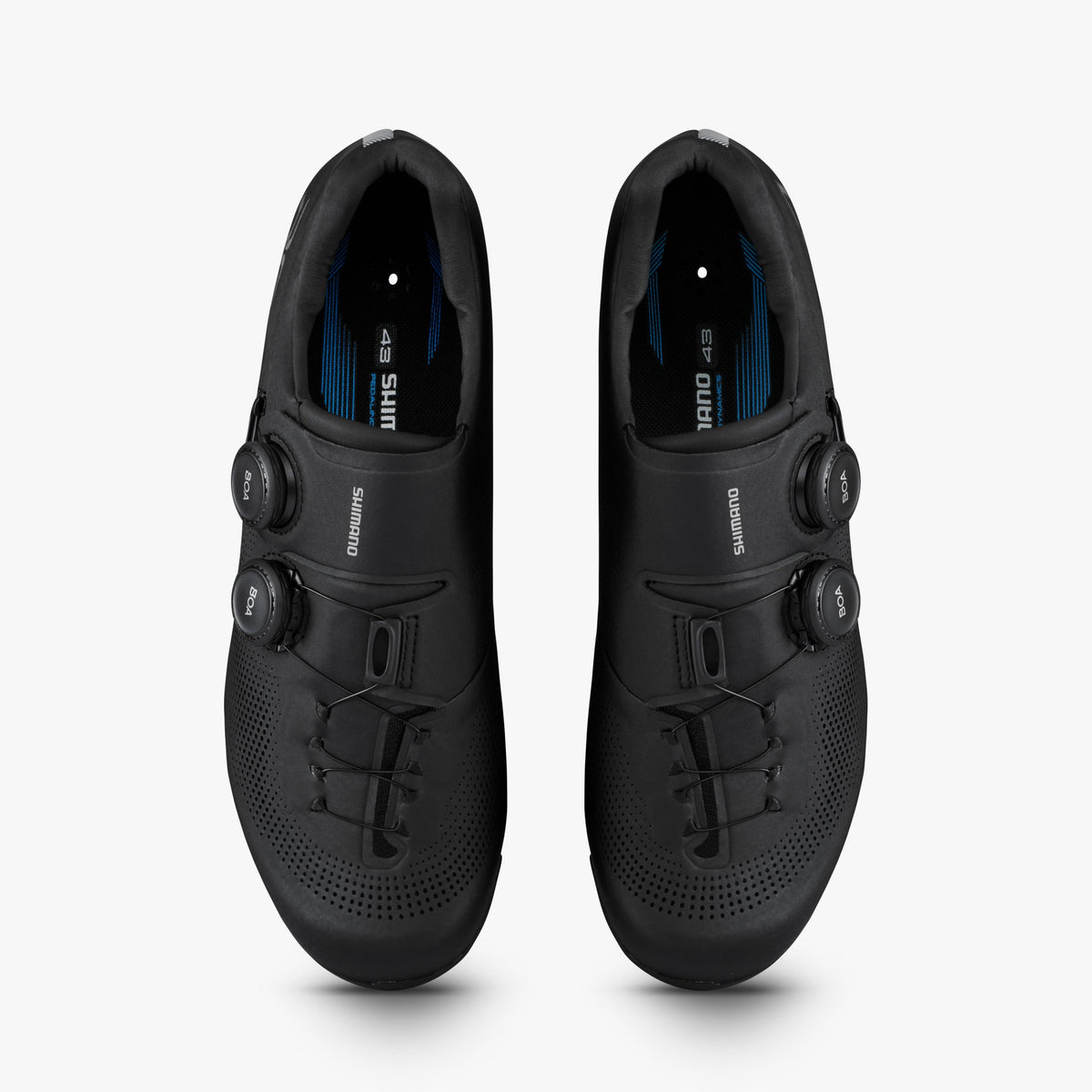 Shimano RC703 black cycling shoes top view with dual BOA dials and blue insoles