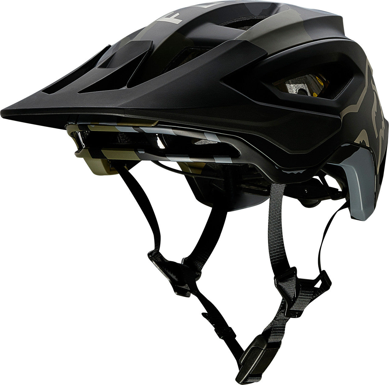 Fox Racing Speedframe Pro mountain bike helmet in matte black camo with visor