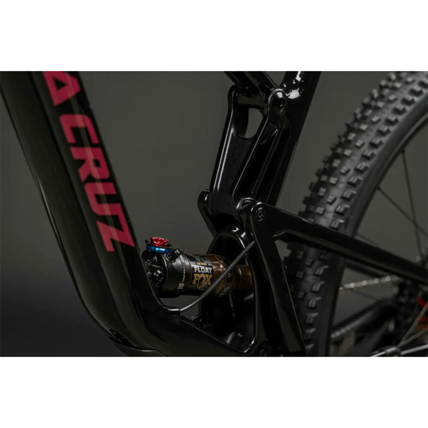 Close-up of Santa Cruz Tallboy 5 mountain bike rear suspension and shock assembly in black