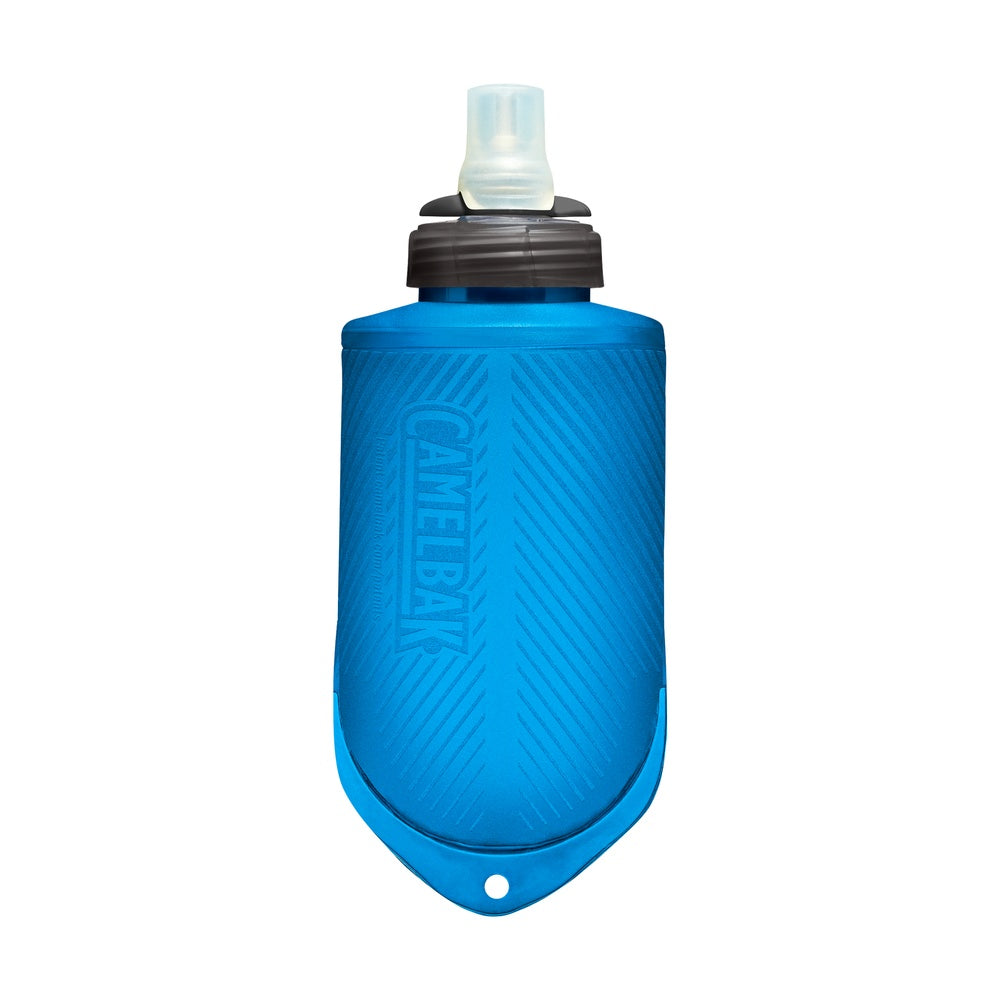 Blue CamelBak 12oz Quick Stow Flask with black cap on white background