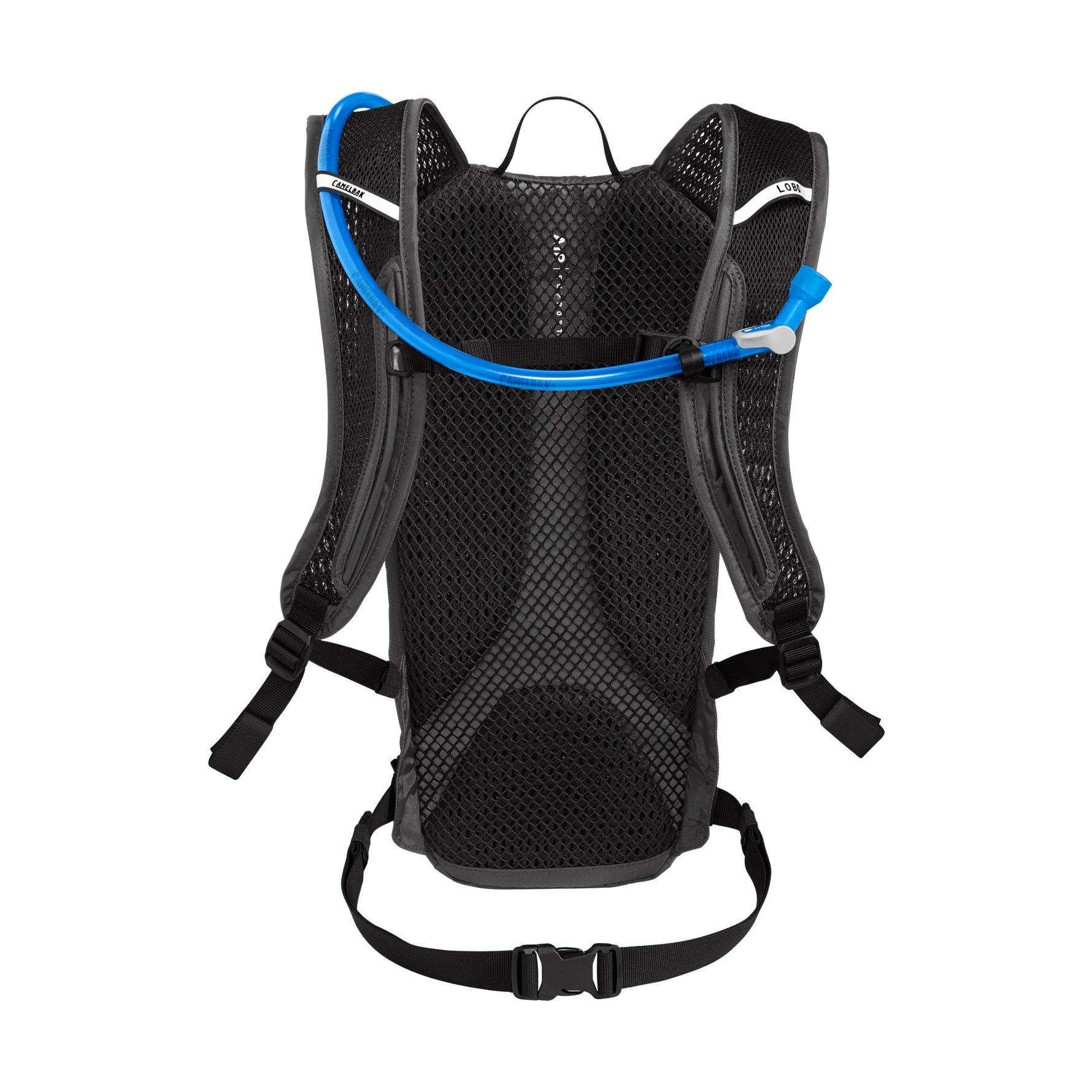 CamelBak Lobo 9 black hydration backpack with blue drinking tube and mesh panels