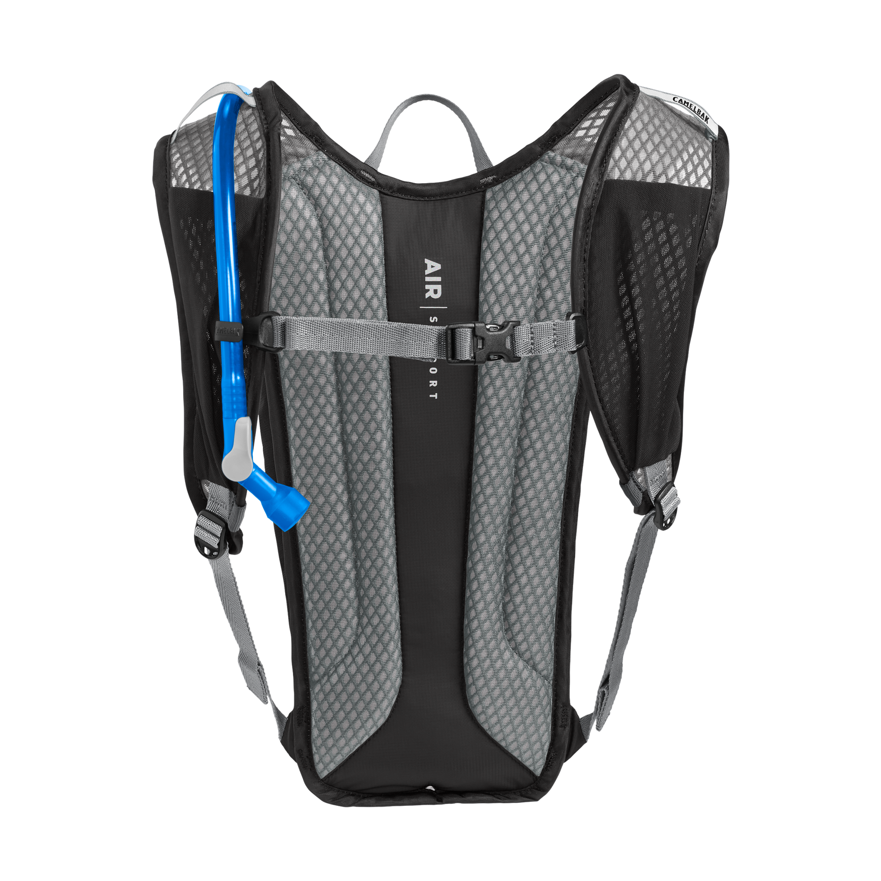 Camelbak Rogue Light 7 hydration pack in black with blue tube and gray mesh padding