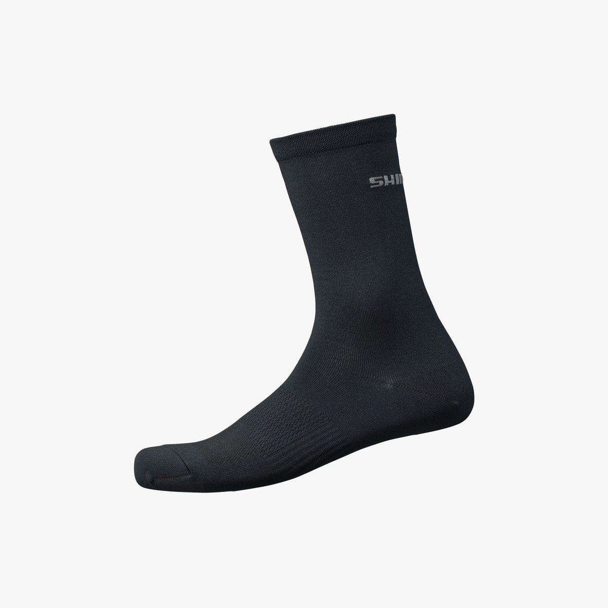 Single black Shimano Performance cycling sock shown in side profile on white background