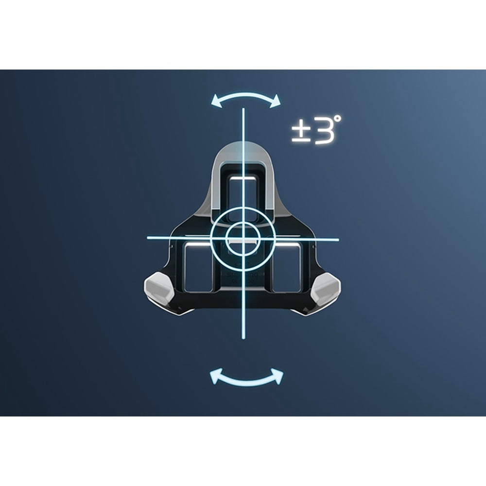 Shimano SPD-SL road bike cleat shown with plus or minus 3 degree float indicator graphic