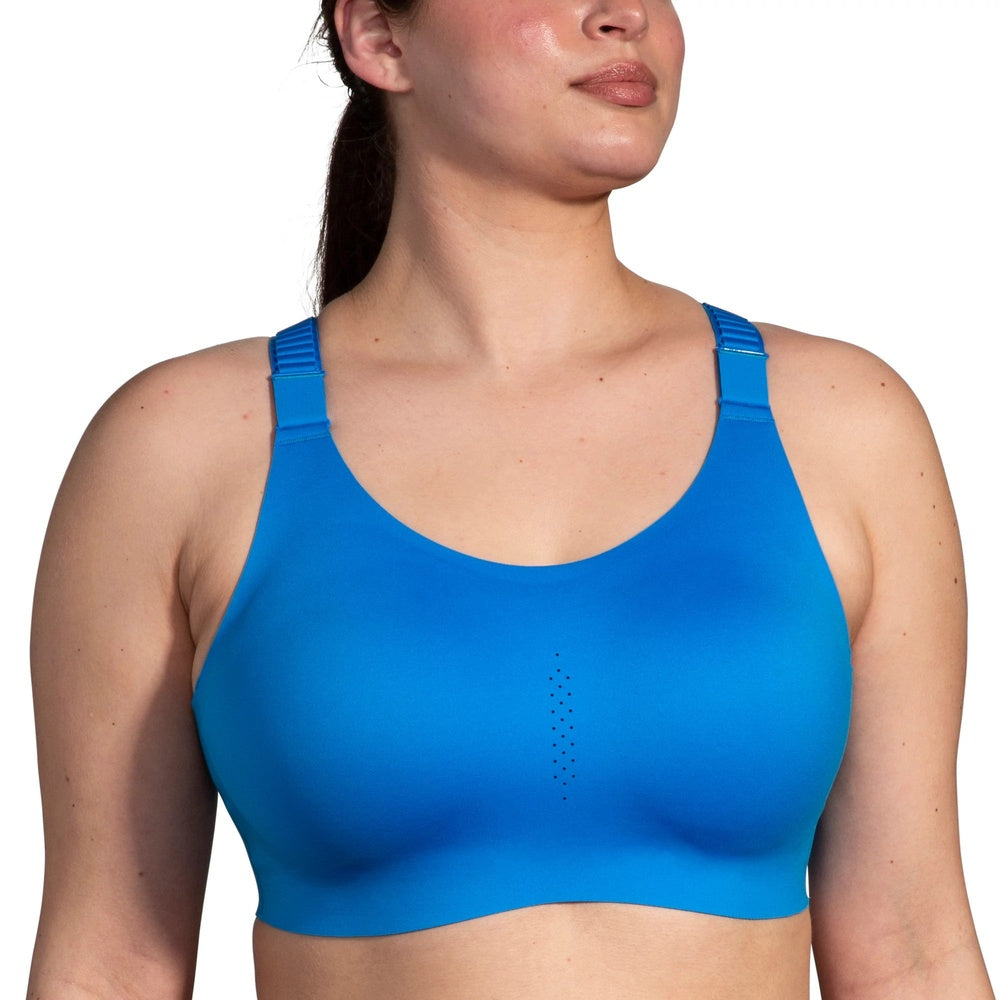 Brooks Dare Racerback 2.0 Sports Bra in Azure Blue worn by female model