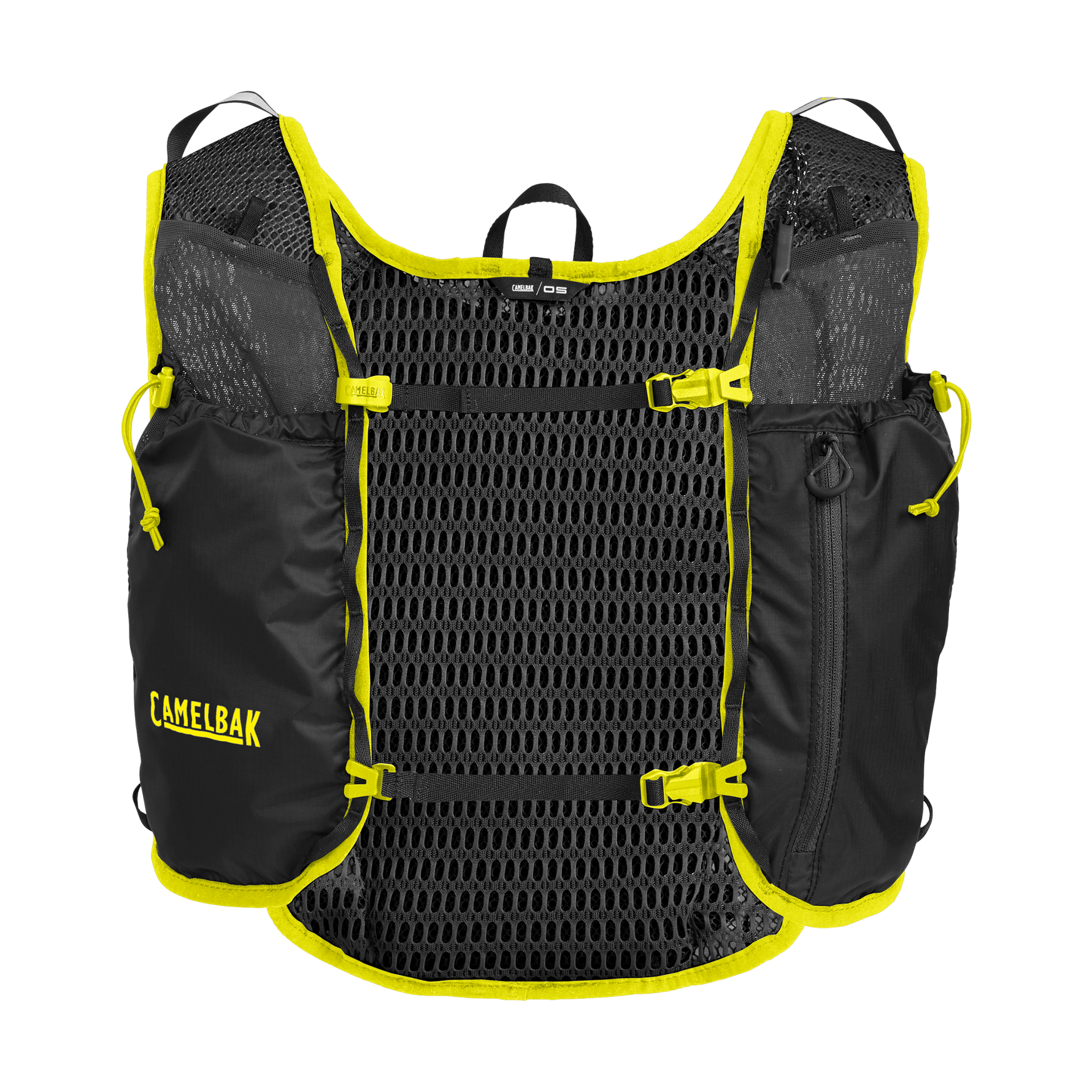 CamelBak trail running vest with mesh panel and yellow accents on white background