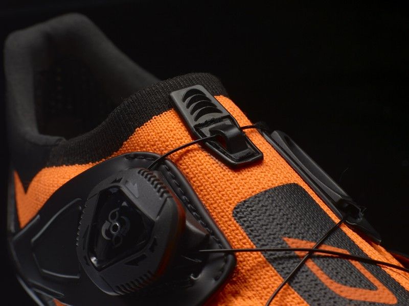 DMT KR2 road cycling shoe in black and fluorescent orange colorway with BOA dial