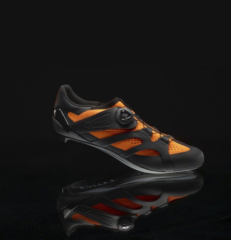 DMT KR2 road cycling shoes in black and fluorescent orange colorway with BOA closure system