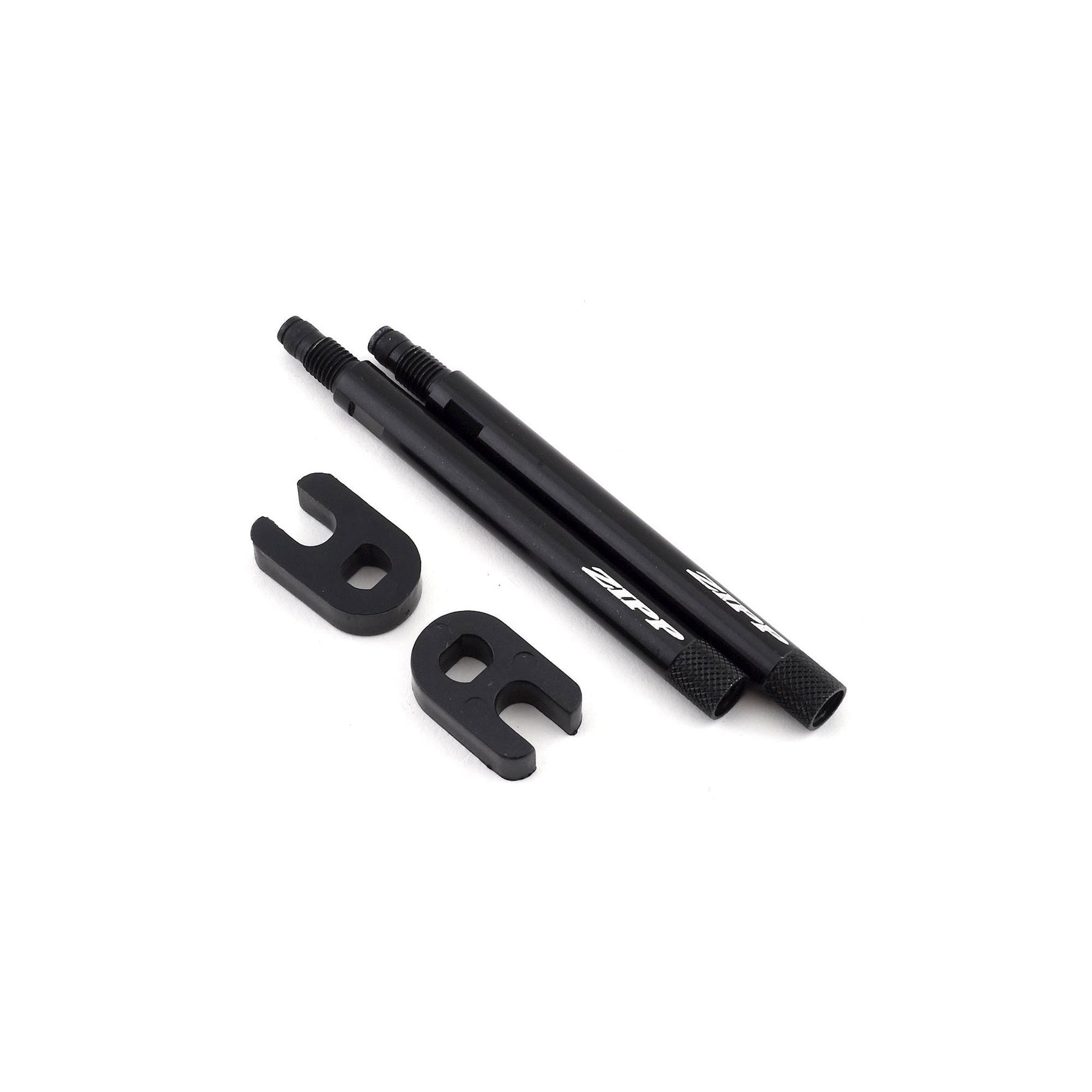 Zipp black aluminum valve extenders with knurled grip and mounting accessories on white background