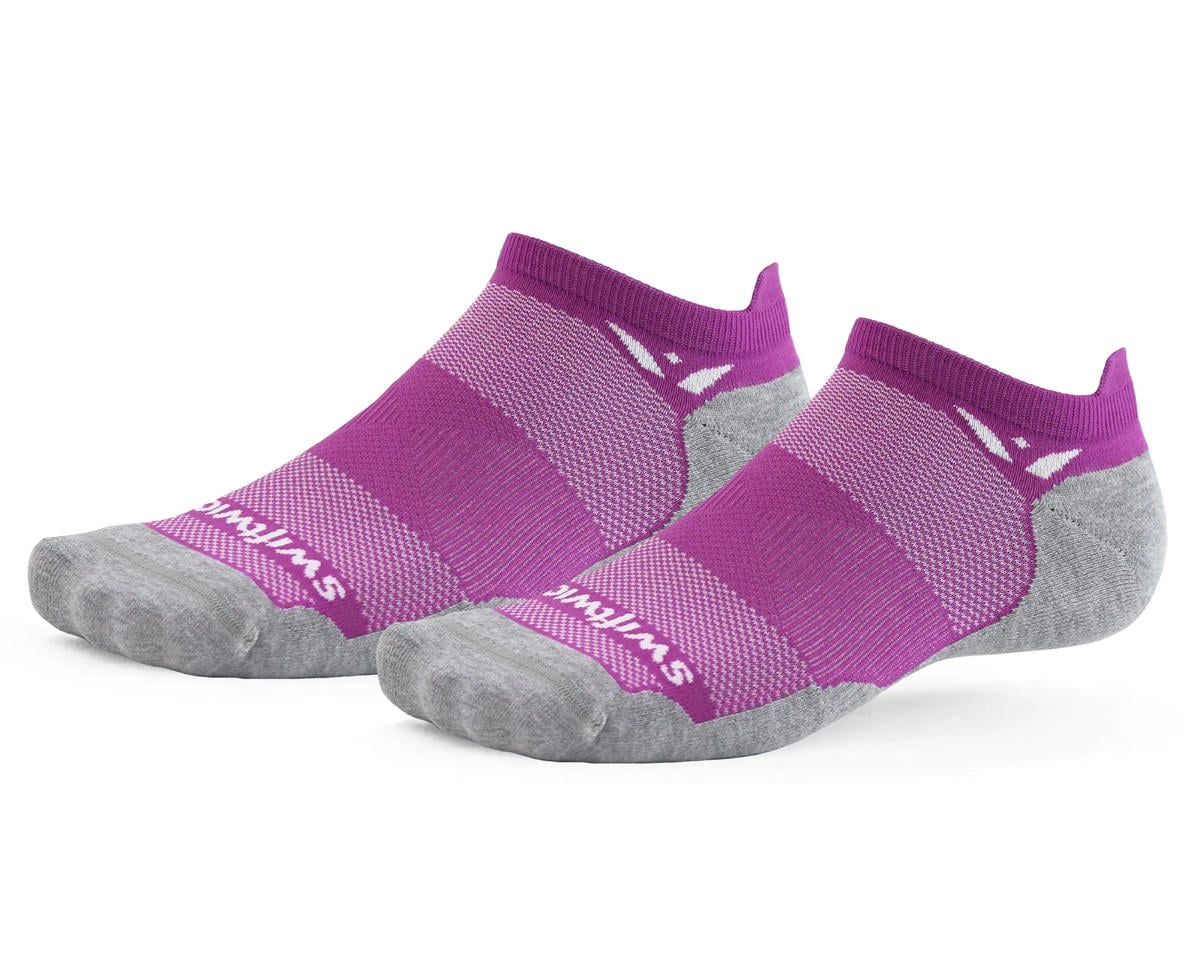 Pair of Swiftwick Maxus Zero Tab no-show running socks in magenta with gray heel and toe
