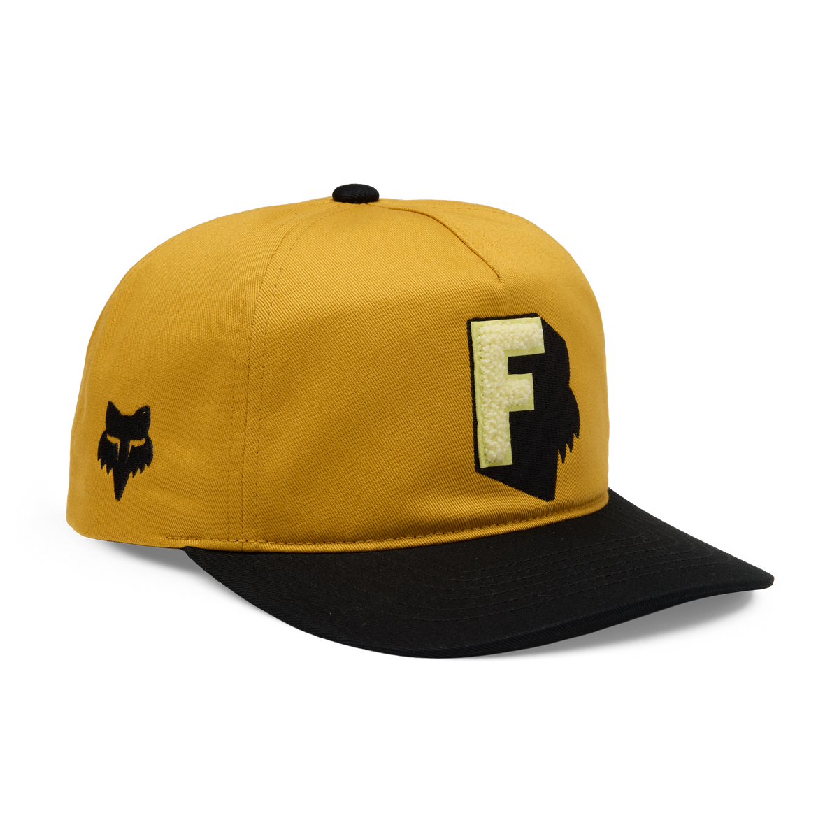 Fox Racing snapback hat in mustard yellow with black brim and chenille F patch